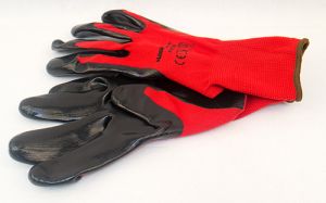 MAUK (12 Paar) Handschuhe Polyester Rot 13g, schwarz Nitril besc