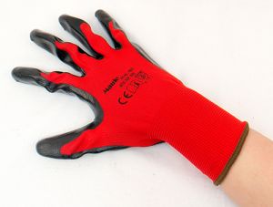 MAUK (12 Paar) Handschuhe Polyester Rot 13g, schwarz Nitril besc