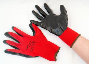 MAUK (12 Paar) Handschuhe Polyester Rot 13g, schwarz Nitril besc