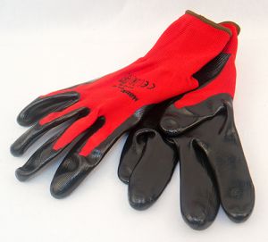 MAUK (12 Paar) Handschuhe Polyester Rot 13g, schwarz Nitril besc