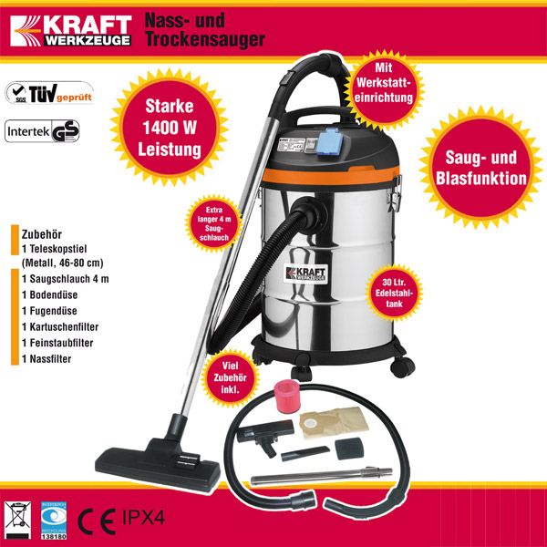 Kraft Nass- und Trockensauger 30 l 1.400 W