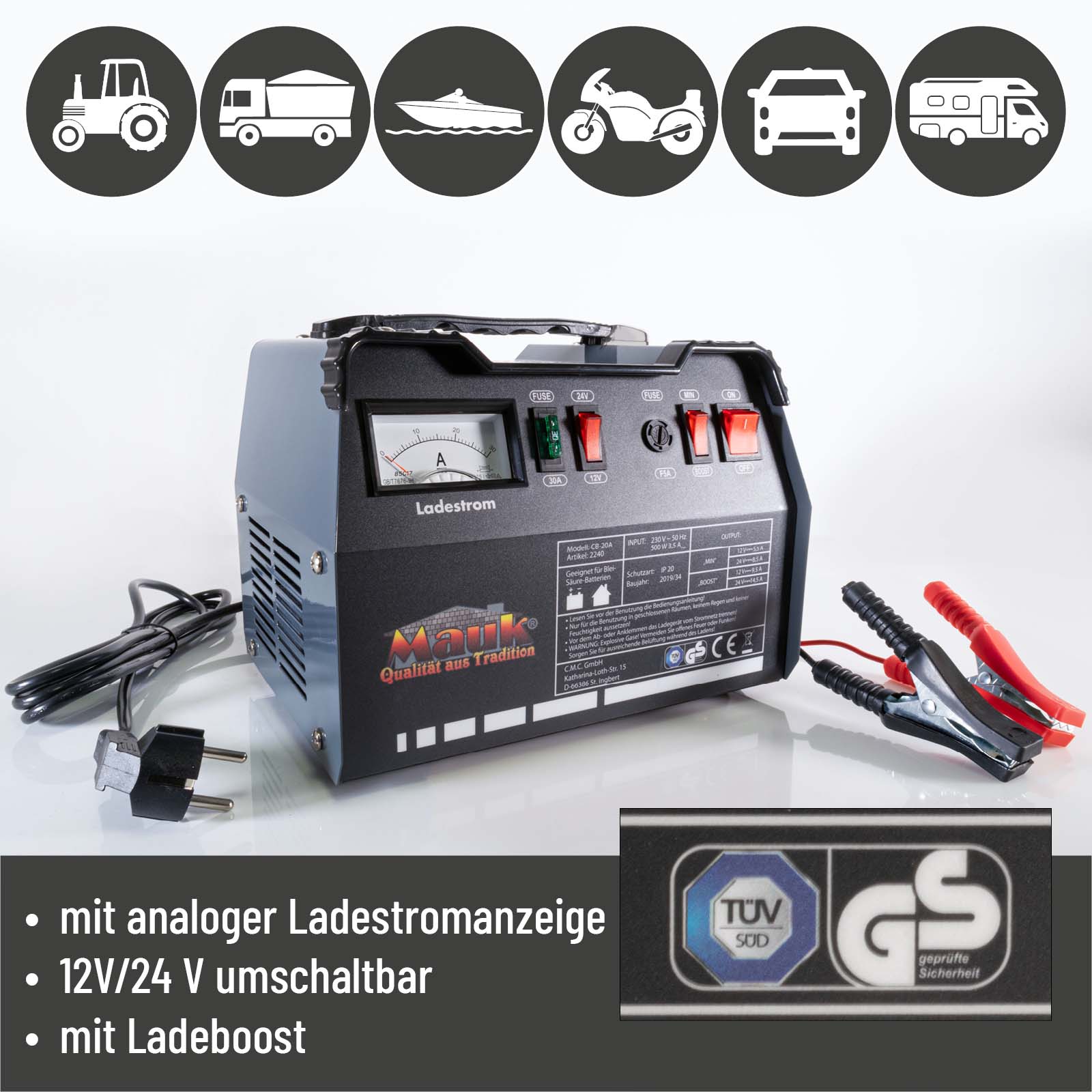 MAUK 12V - 24V 12A Batterieladegerät bis 200Ah (Handelsretoure) 