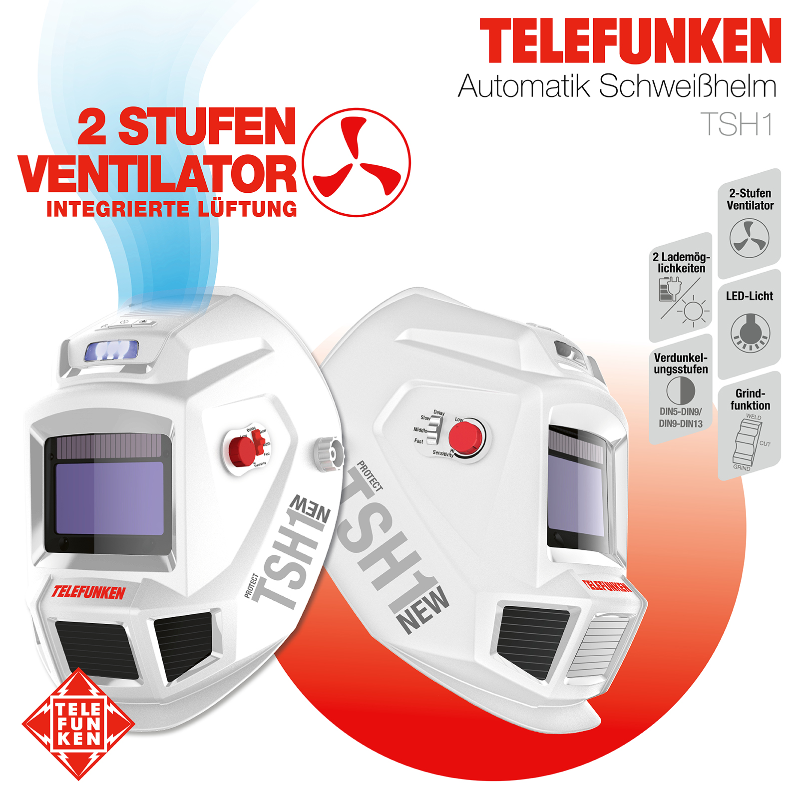 Telefunken Automatik Schweihelm mit Ventilator und LED-Beleuchtung